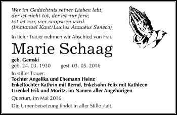 Traueranzeige von Marie Schaag von Mitteldeutsche Zeitung Merseburg/Querfurt