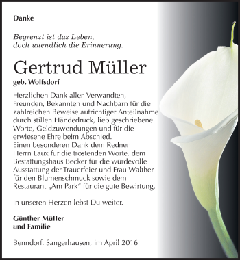 Traueranzeige von Gertrud Müller von Mitteldeutsche Zeitung Mansfelder Land