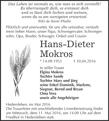 Traueranzeige von Hans-Dieter Mokros von WVG - Wochenspiegel Quedlinburg