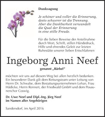Traueranzeige von Ingeborg Anni Neef von WVG - Wochenspiegel Bitterfeld