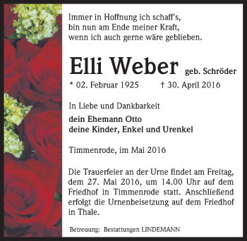 Traueranzeige von Elli Weber von Mitteldeutsche Zeitung Quedlinburg