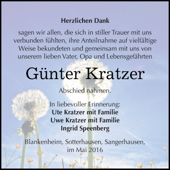 Traueranzeige von Günter Kratzer von Super Sonntag SGH Mansf. Land