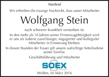 Traueranzeige von Wolfgang Günter Stein von Mitteldeutsche Zeitung Bitterfeld