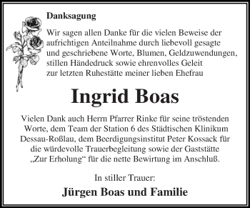 Traueranzeige von Ingrid Boas von WVG - Wochenspiegel Dessau / Köthen