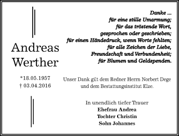 Traueranzeige von Andreas Werther von Mitteldeutsche Zeitung Dessau-Roßlau