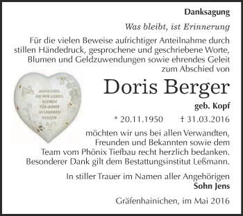 Traueranzeige von Doris Berger von WVG - Wochenspiegel Wittenberg