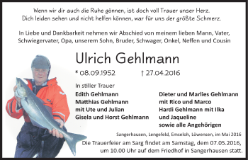Traueranzeige von Ulrich Gehlmann von Mitteldeutsche Zeitung Sangerhausen
