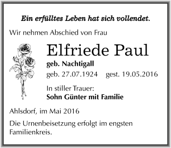 Traueranzeige von Elfriede Paul von Mitteldeutsche Zeitung Mansfelder Land