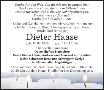 Traueranzeige von Dieter Haase von Mitteldeutsche Zeitung Merseburg/Querfurt