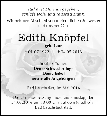 Traueranzeige von Edith Knöpfel von Mitteldeutsche Zeitung Merseburg/Querfurt