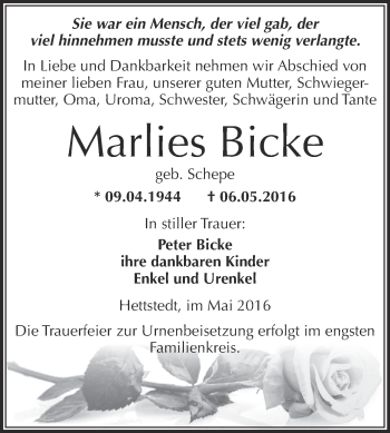 Traueranzeige von Marlies Bicke von Wochenspiegel Mansfelder Land
