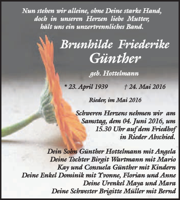 Traueranzeige von Brunhilde Friederike Günther von WVG - Wochenspiegel Quedlinburg