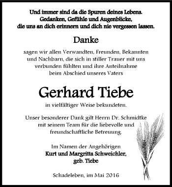 Traueranzeige von Gerhard Tiebe von Mitteldeutsche Zeitung Aschersleben