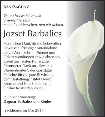 Traueranzeige von Jozsef Barbalics von Super Sonntag Aschersleben
