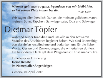 Traueranzeige von Dietmar Töpfer von Mitteldeutsche Zeitung Weißenfels