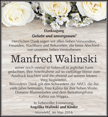 Traueranzeige von Manfred Walinski von Mitteldeutsche Zeitung Mansfelder Land