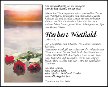Traueranzeige von Herbert Niethold von WVG - Wochenspiegel NMB / WSF / ZTZ