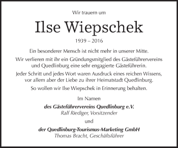 Traueranzeige von Ilse Wiepschek von WVG - Wochenspiegel Quedlinburg