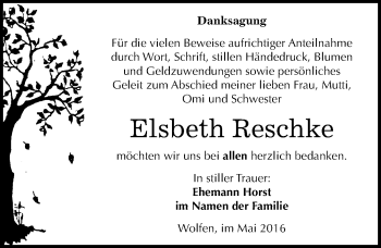 Traueranzeige von Elsbeth Reschke von Mitteldeutsche Zeitung Bitterfeld