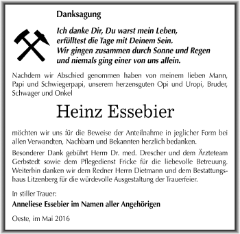 Traueranzeige von Heinz Essebier von Mitteldeutsche Zeitung Mansfelder Land