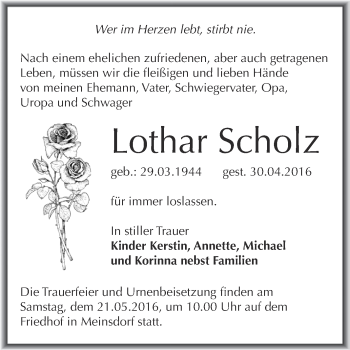 Traueranzeige von Lothar Scholz von WVG - Wochenspiegel Dessau / Köthen