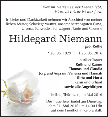 Traueranzeige von Hildegard Niemann von Mitteldeutsche Zeitung Sangerhausen