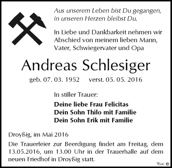 Traueranzeige von Andreas Schlesiger von Mitteldeutsche Zeitung Zeitz