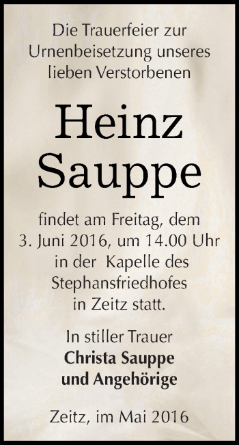 Traueranzeige von Heinz Sauppe von Super Sonntag Zeitz