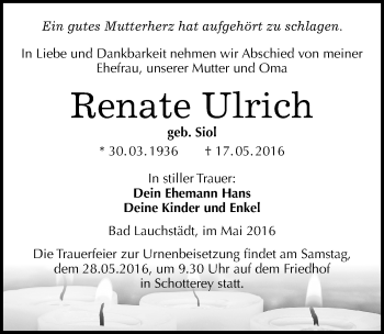 Traueranzeige von Renate Ulrich von Mitteldeutsche Zeitung Merseburg/Querfurt