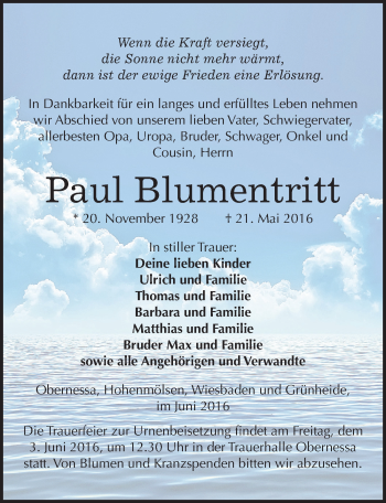 Traueranzeige von Paul Blumentritt von Mitteldeutsche Zeitung Weißenfels