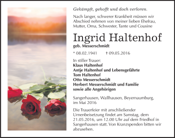 Traueranzeige von Ingrid Haltenhof von Mitteldeutsche Zeitung Sangerhausen