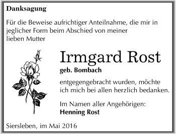 Traueranzeige von Irmgard Rost von Mitteldeutsche Zeitung Mansfelder Land