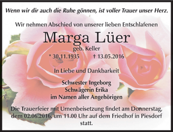 Traueranzeige von Marga Lüer von Mitteldeutsche Zeitung Bernburg