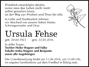 Traueranzeige von Ursula Fehse von Mitteldeutsche Zeitung Wittenberg