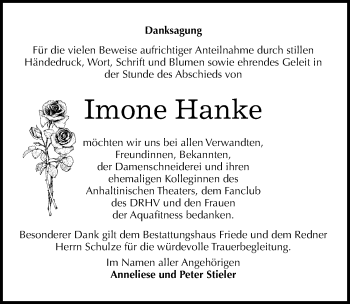 Traueranzeige von Imone Hanke von Mitteldeutsche Zeitung Dessau-Roßlau