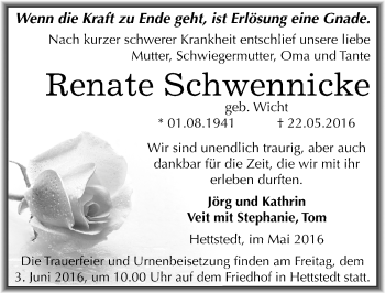 Traueranzeige von Renate Schwennicke von Mitteldeutsche Zeitung Mansfelder Land