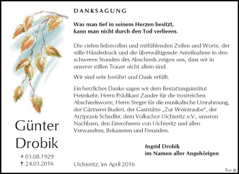 Traueranzeige von Günter Drobik von WVG - Wochenspiegel NMB / WSF / ZTZ