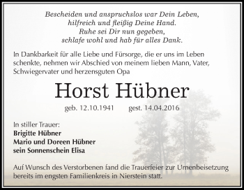 Traueranzeige von Horst Hübner von Super Sonntag SGH Mansf. Land