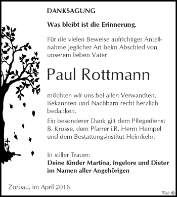 Traueranzeige von Paul Rottmann von WVG - Wochenspiegel NMB / WSF / ZTZ