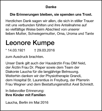 Traueranzeige von Leonore Kumpe von Mitteldeutsche Zeitung Naumburg/Nebra