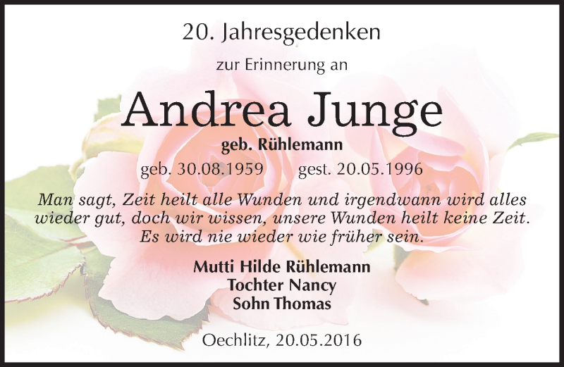  Traueranzeige für Andrea Junge vom 20.05.2016 aus Mitteldeutsche Zeitung Merseburg/Querfurt