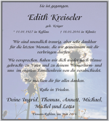 Traueranzeige von Edith Kreiseler von WVG - Wochenspiegel Dessau / Köthen