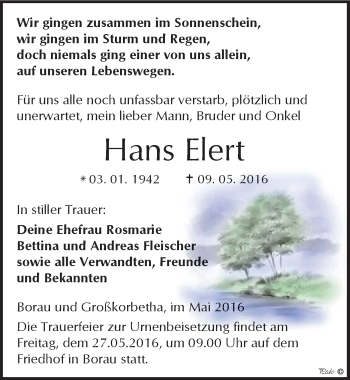 Traueranzeige von Hans Elert von Mitteldeutsche Zeitung Weißenfels