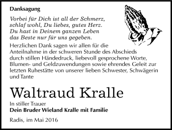 Traueranzeige von Waltraud Kralle von Mitteldeutsche Zeitung Wittenberg