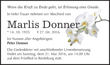 Traueranzeige von Marlis Donner von Mitteldeutsche Zeitung Halle/Saalkreis