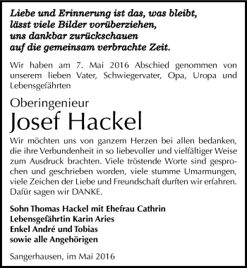 Traueranzeige von Josef Hackel von Mitteldeutsche Zeitung Sangerhausen