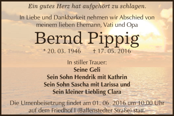 Traueranzeige von Bernd Pippig von WVG - Wochenspiegel Dessau / Köthen
