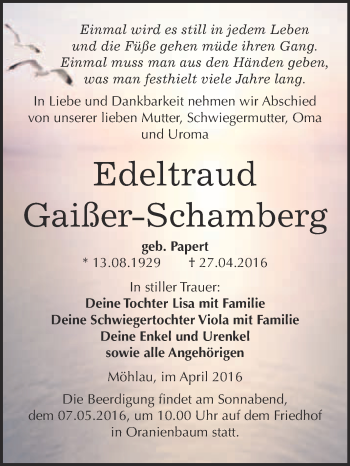 Traueranzeige von Edeltraud Gaißer-Schamberg von WVG - Wochenspiegel Wittenberg