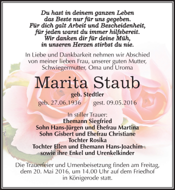 Traueranzeige von Marita Staub von Mitteldeutsche Zeitung Quedlinburg