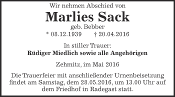 Traueranzeige von Marlies Sack von WVG - Wochenspiegel Dessau / Köthen